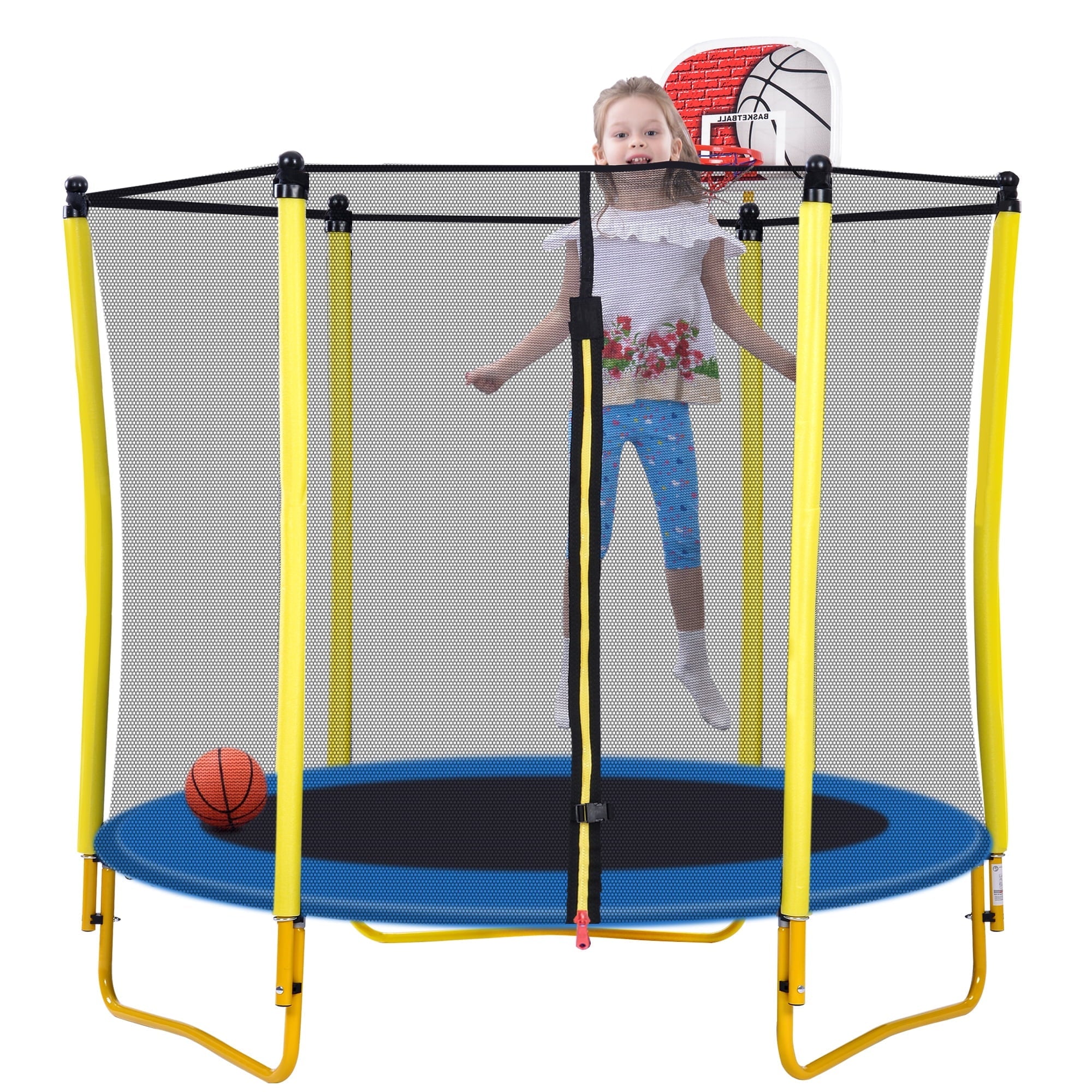 5.5FT Indoor Trampoline for Kids, 65' Heavy Duty Toddler Trampoline with Safe Enclosure, Mini Small Trampoline with Basketball Hoop & Ball, Brincolines para Ni?os Ages 1-8, Yellow