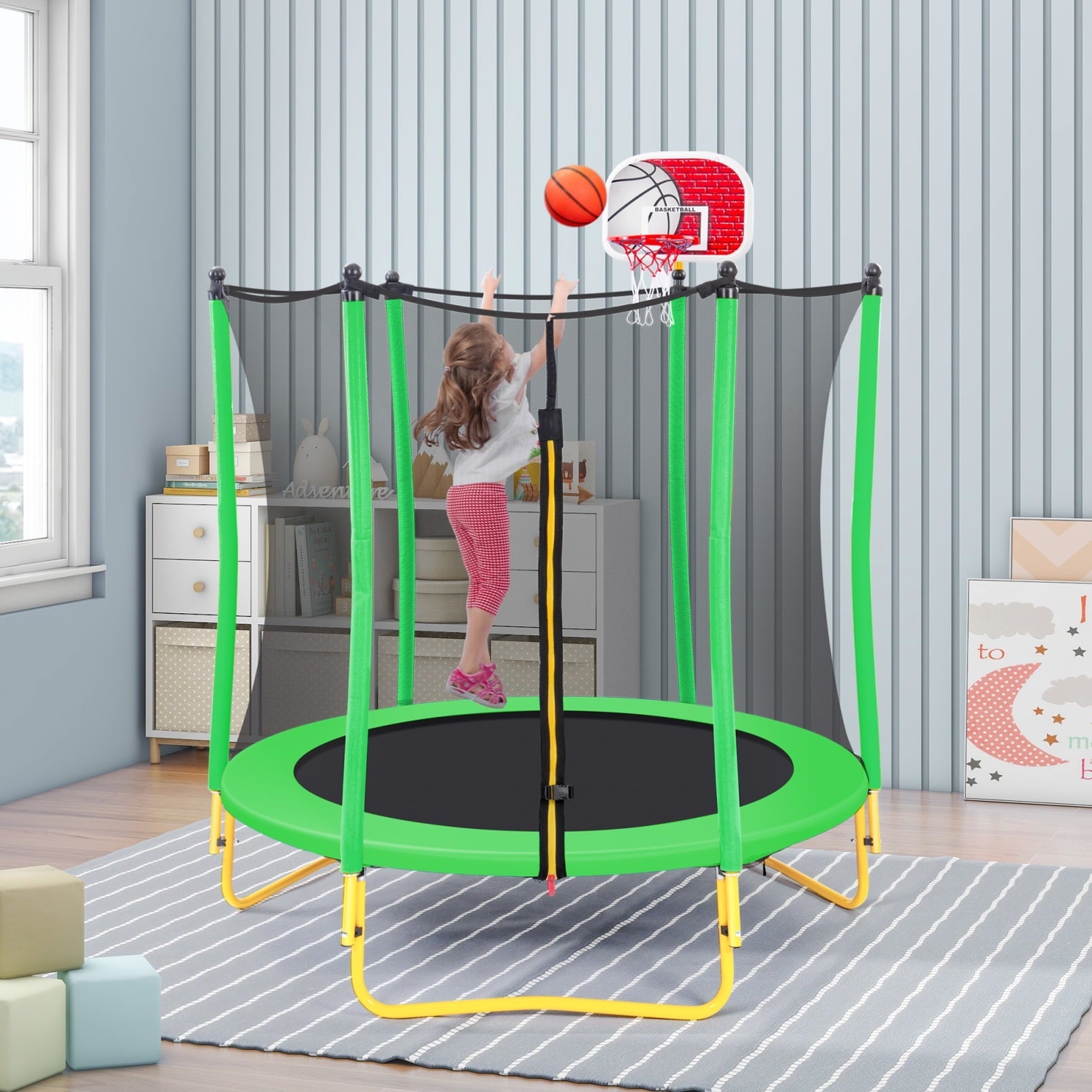 5.5FT Trampoline with Built-In Basketball Hoop and Ball for Kids Teens, 65' Mini Toddler Trampoline with Safety Enclosure Net for Outdoor & Indoor, Grass Green