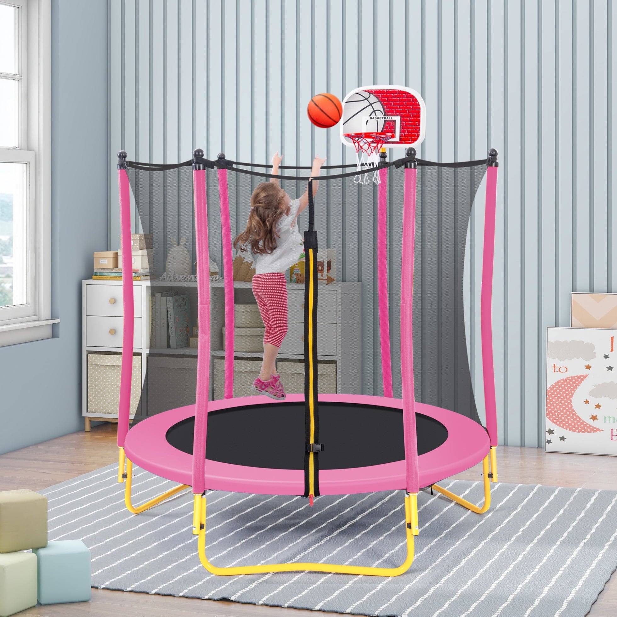5.5FT Trampoline for Kids,65' Outdoor Indoor Mini Toddler Trampoline with Enclosure,Basketball Hoop and Ball