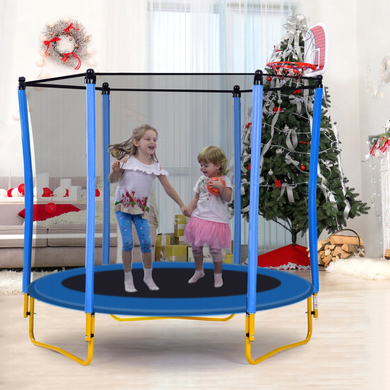 5.5FT Trampoline with Basketball Hoop and Ball, 65' Toddler Trampoline, Toddler Trampoline with Safety Enclosure Net for Outdoor & Indoor, Blue