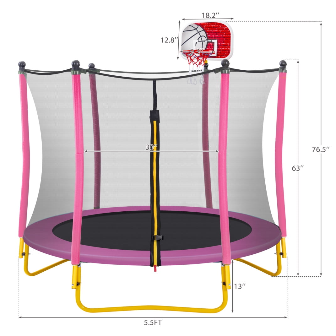 5.5FT Trampoline for Kids, 65' Outdoor & Indoor Mini Toddler Trampoline with Safety Enclosure, Strong Elastic Trampoline with Basketball Hoop and Ball,220Ibs Capacity